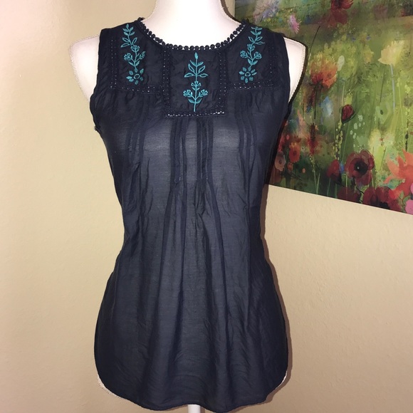 LOFT Blue Embroidered Peasant Tank Boho - Picture 2 of 6